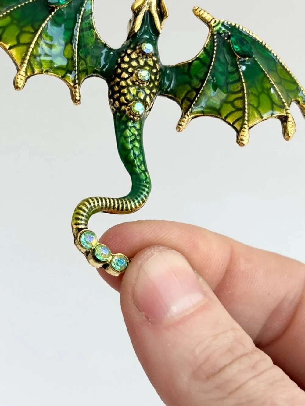 Dragon Figural Green Enameled Rhinestone Accented Gold Toned Brooch Pin